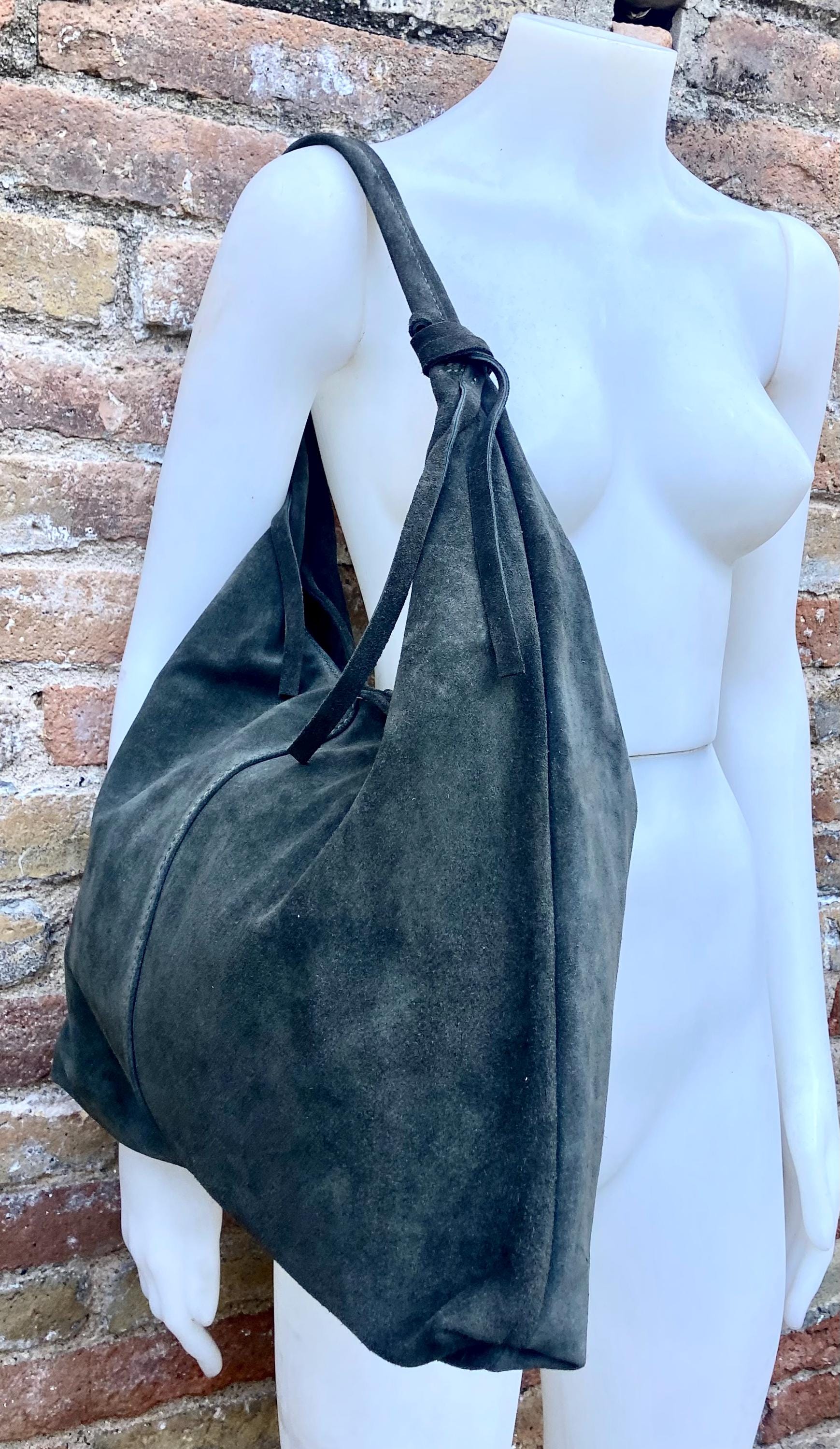 Slouch bag in dark green with and zipper. Genuine leather bag. Green color origami lined bag. Green suede purse. Wide strap shoulder bag.