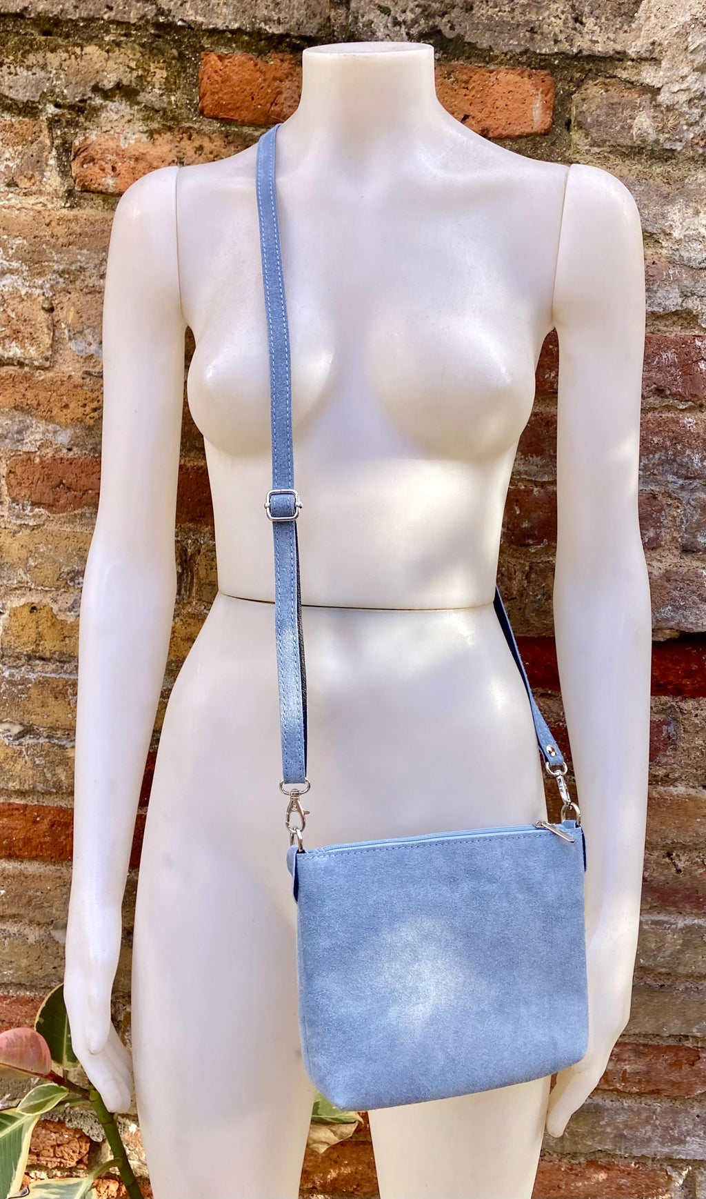Suede leather bag in blue -gray. Cross body bag, shoulder bag in GENUINE leather. Denim blue smalll leather bag. Adjustable strap. + zipper