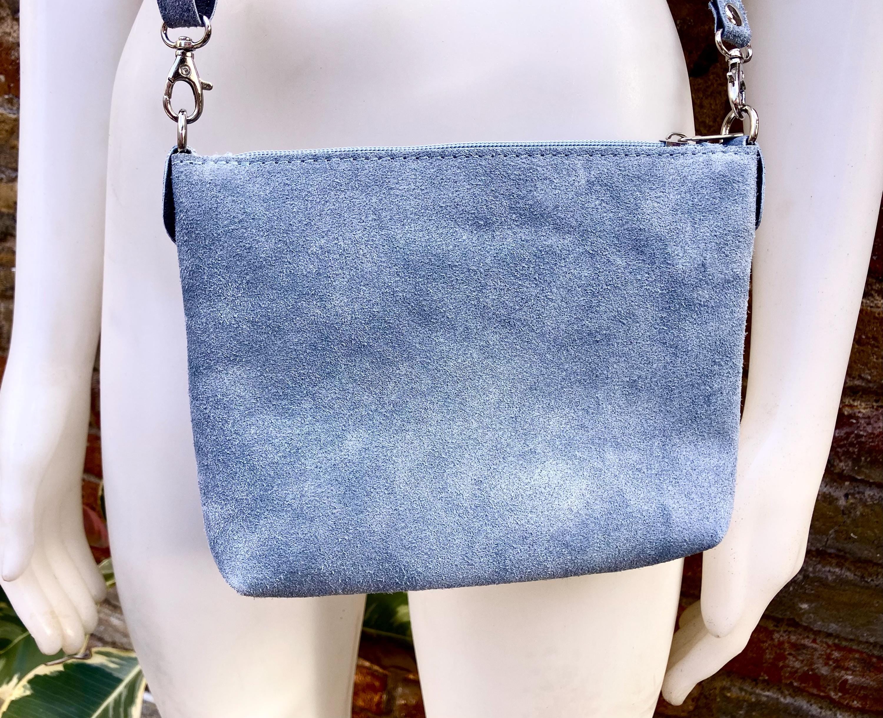 Suede leather bag in blue -gray. Cross body bag, shoulder bag in GENUINE leather. Denim blue smalll leather bag. Adjustable strap. + zipper