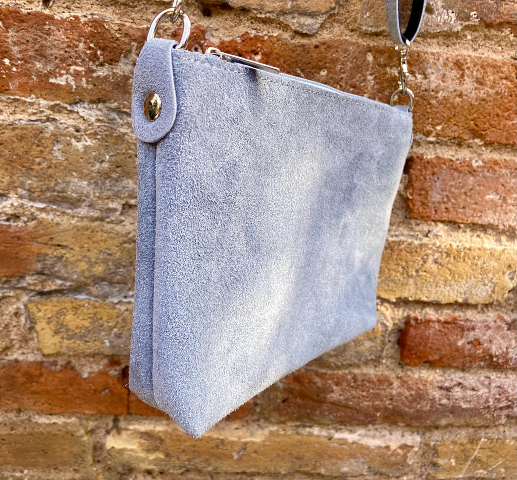 Suede leather bag in blue -gray. Cross body bag, shoulder bag in GENUINE leather. Denim blue smalll leather bag. Adjustable strap. + zipper