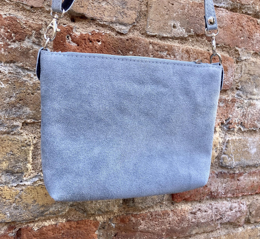 Suede leather bag in blue -gray. Cross body bag, shoulder bag in GENUINE leather. Denim blue smalll leather bag. Adjustable strap. + zipper