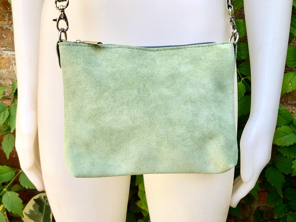 Suede leather bag in light mint -sage green. Sage crossbody / shoulder bag in GENUINE leather. Small l green bag. Adjustable strap + zipper.