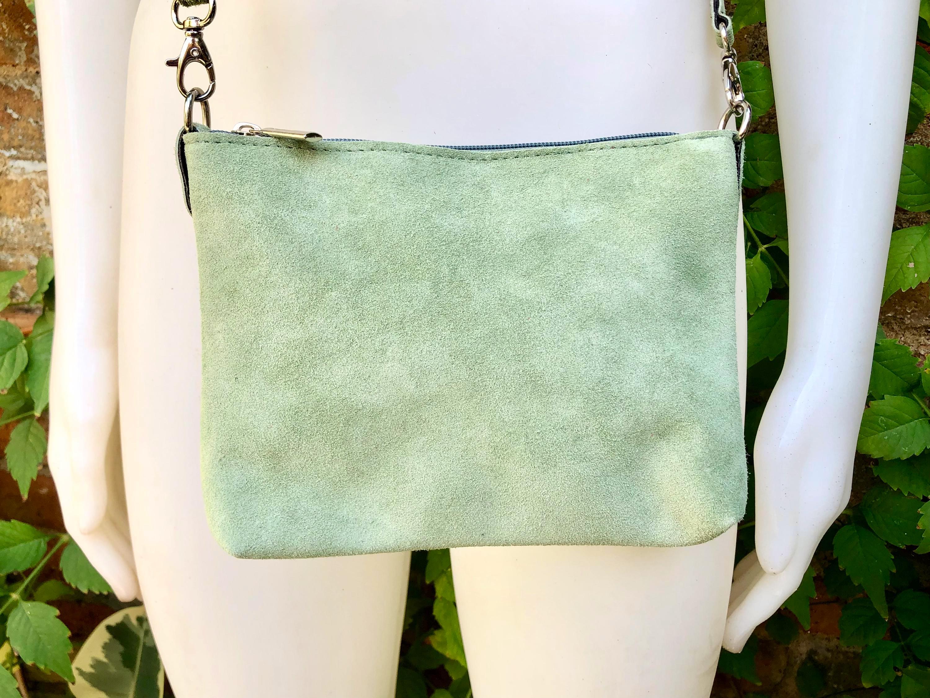 Suede leather bag in light mint -sage green. Sage crossbody / shoulder bag in GENUINE leather. Small l green bag. Adjustable strap + zipper.