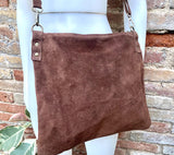 Dark rusty brown suede messenger bag. Soft genuine leather crossbody / shoulder bag for books, tablets. Dark brown suede purse.