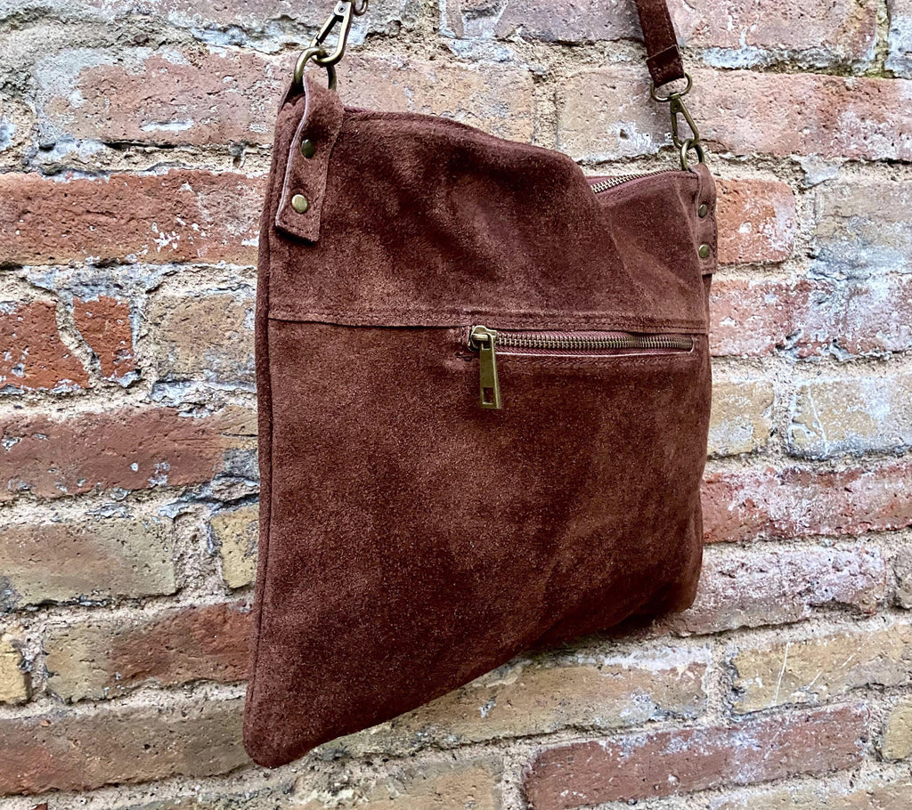 Dark rusty brown suede messenger bag. Soft genuine leather crossbody / shoulder bag for books, tablets. Dark brown suede purse.