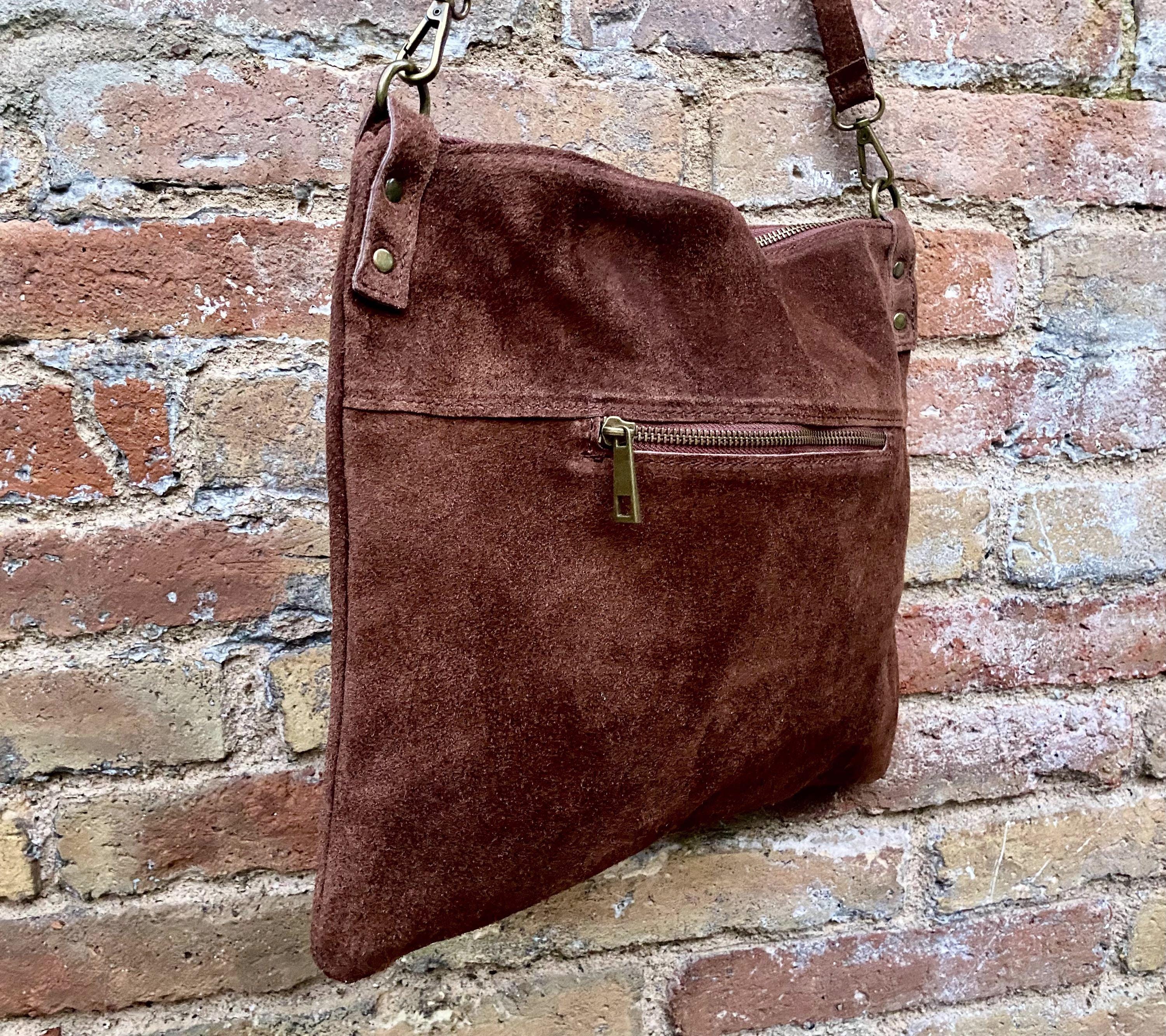 Dark rusty brown suede messenger bag. Soft genuine leather crossbody / shoulder bag for books, tablets. Dark brown suede purse.