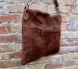 Dark rusty brown suede messenger bag. Soft genuine leather crossbody / shoulder bag for books, tablets. Dark brown suede purse.