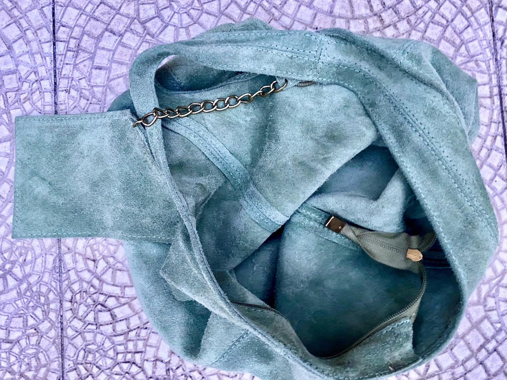 Large tote leather bag in sage GREEN. Slouch leather bag with ZIPPER. Leather shopper, laptop bag in suede leather bag. GREEN suede purse.