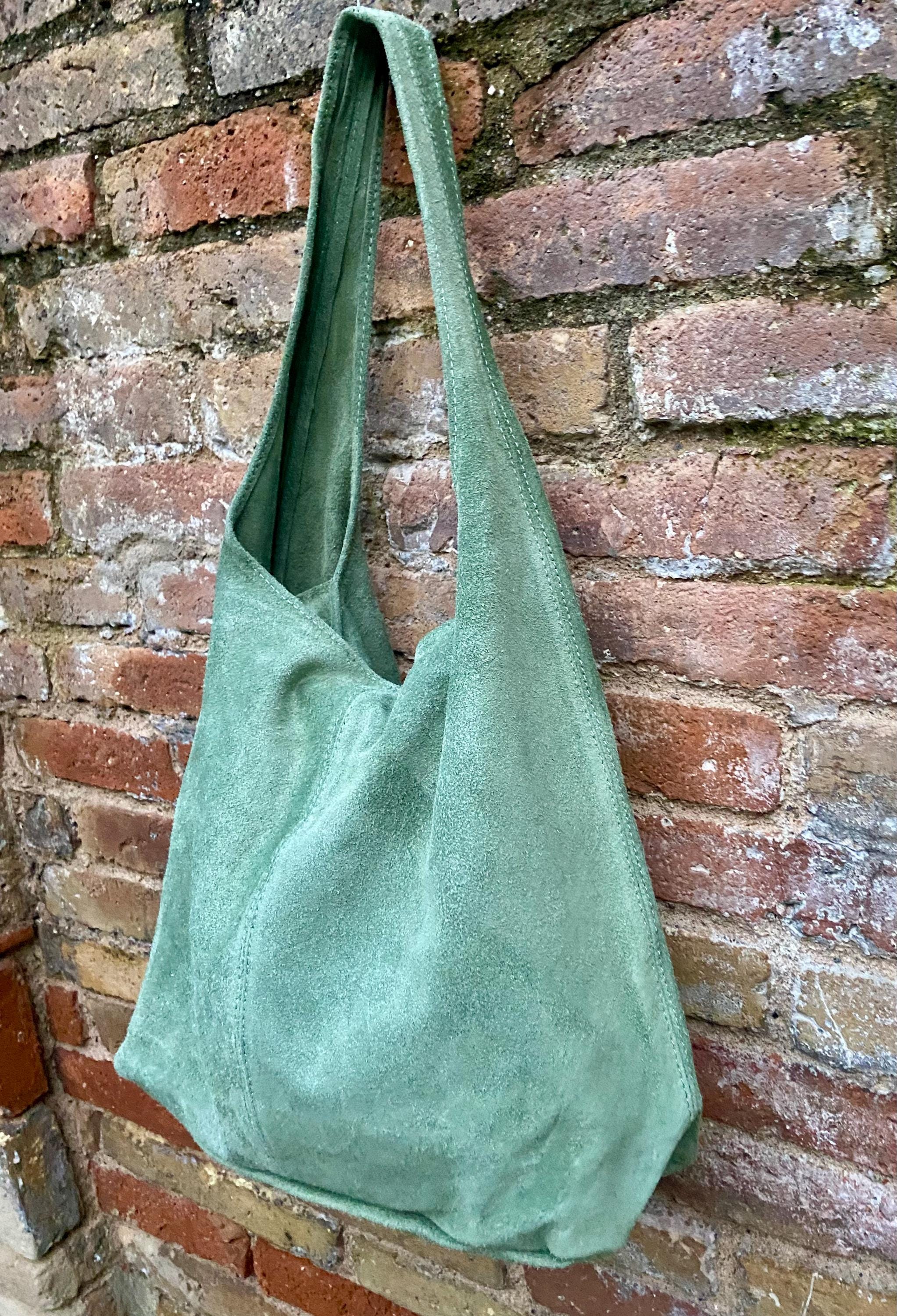 Large tote leather bag in sage GREEN. Slouch leather bag with ZIPPER. Leather shopper, laptop bag in suede leather bag. GREEN suede purse.