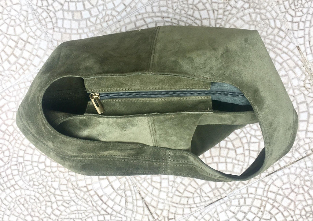 Large tote leather bag in sage GREEN. Slouch leather bag with ZIPPER. Leather shopper, laptop bag in suede leather bag. GREEN suede purse.