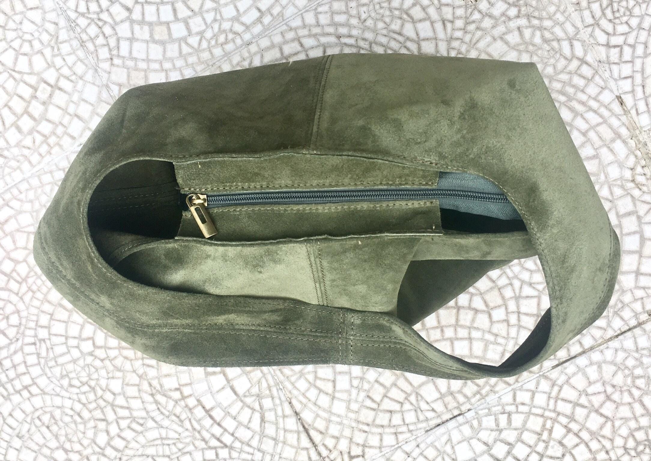 Large tote leather bag in sage GREEN. Slouch leather bag with ZIPPER. Leather shopper, laptop bag in suede leather bag. GREEN suede purse.