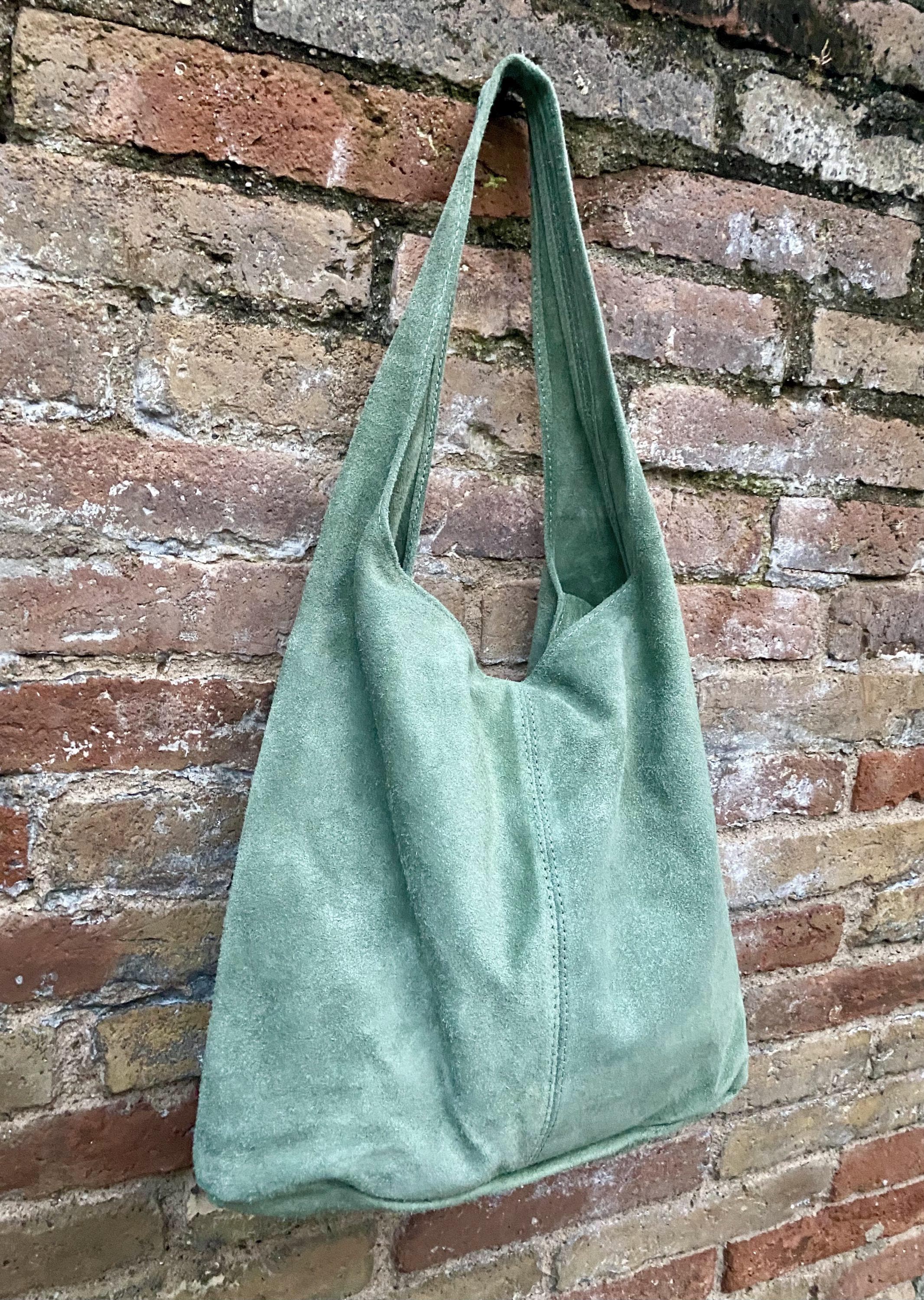 Large tote leather bag in sage GREEN. Slouch leather bag with ZIPPER. Leather shopper, laptop bag in suede leather bag. GREEN suede purse.