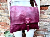 BURGUNDY genuine leather crossbody / shoulder bag. Messenger bag in soft "distressed" leather. Wine red leather purse. Dark red leather bag