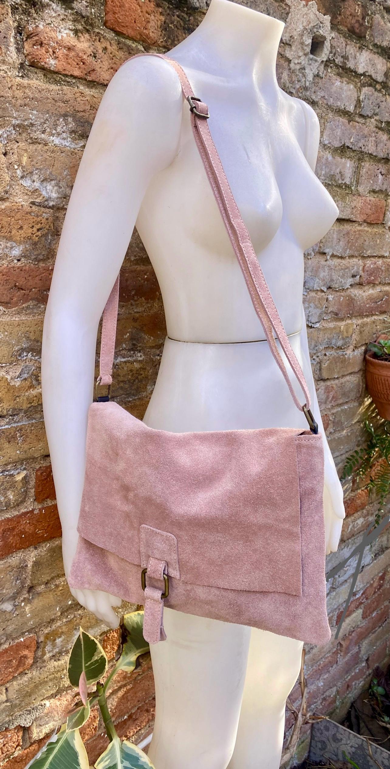 Suede bag in dusty PINK. Genuine leather BOHO bag. Pink suede purse. Crossbody / shoulder / messenger bag in soft natural leather.