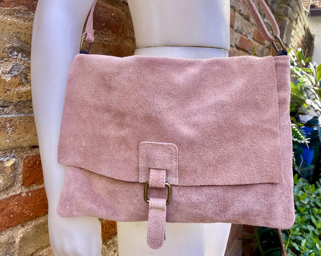 Suede bag in dusty PINK. Genuine leather BOHO bag. Pink suede purse. Crossbody / shoulder / messenger bag in soft natural leather.