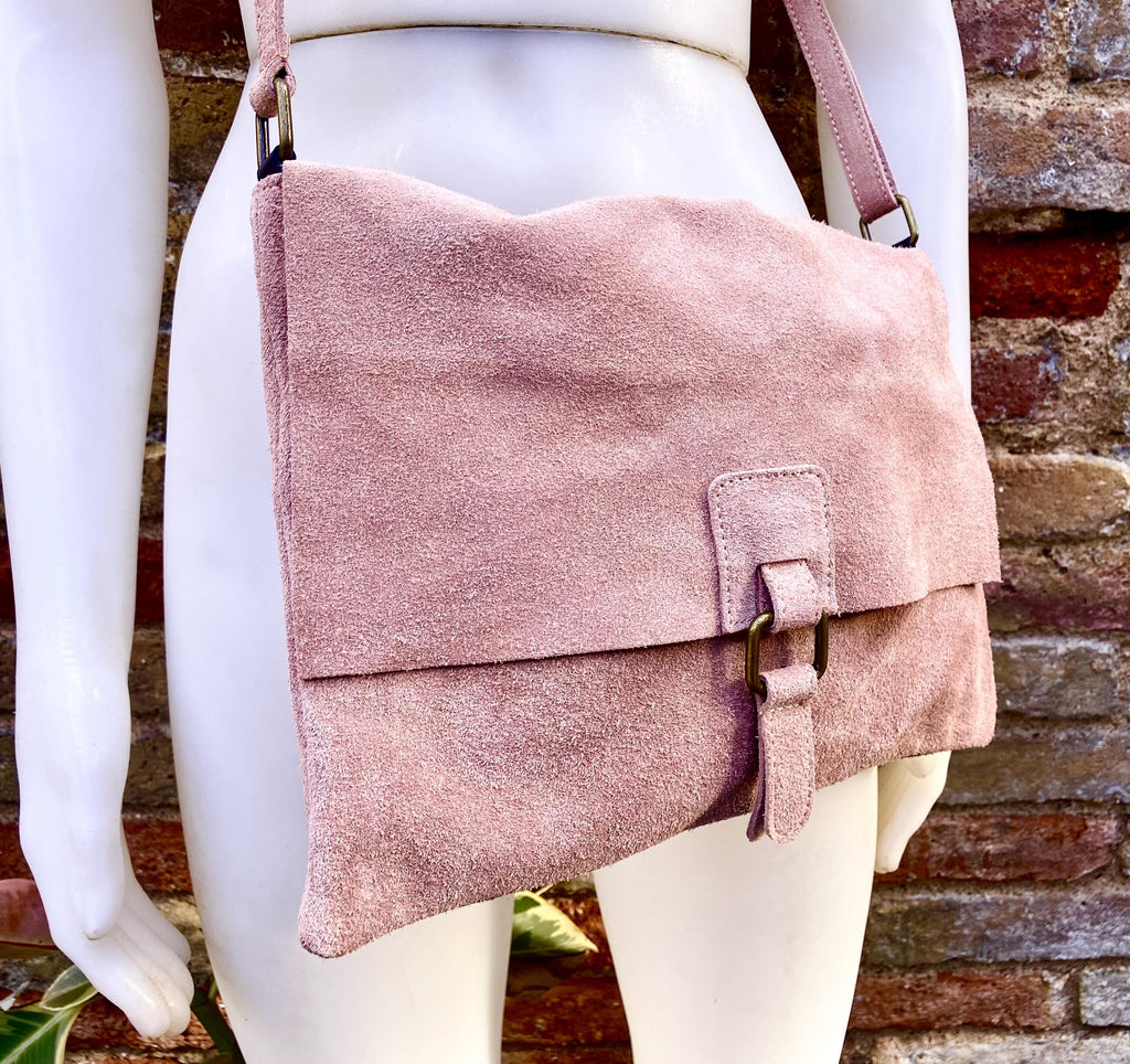 Suede bag in dusty PINK. Genuine leather BOHO bag. Pink suede purse. Crossbody / shoulder / messenger bag in soft natural leather.