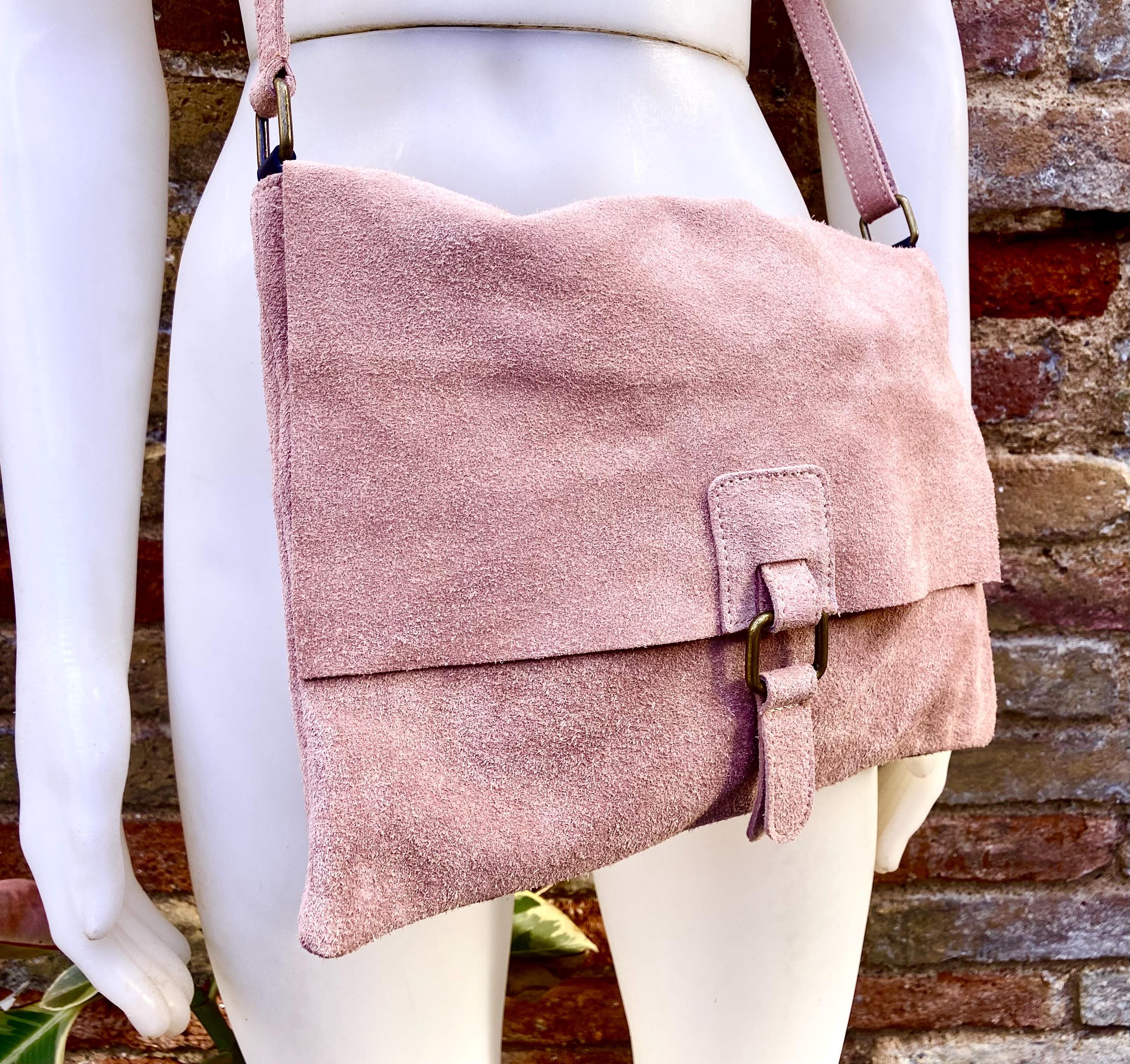 Suede bag in dusty PINK. Genuine leather BOHO bag. Pink suede purse. Crossbody / shoulder / messenger bag in soft natural leather.