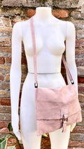 Suede bag in dusty PINK. Genuine leather BOHO bag. Pink suede purse. Crossbody / shoulder / messenger bag in soft natural leather.