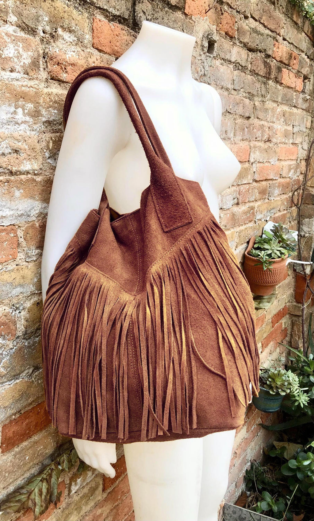 Dark camel brown fringed shopper bag.Genuine suede leather. Saddle brown tote bag for laptops, tablets, books. Brown leather purse + fringes