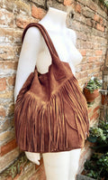 Dark camel brown fringed shopper bag.Genuine suede leather. Saddle brown tote bag for laptops, tablets, books. Brown leather purse + fringes
