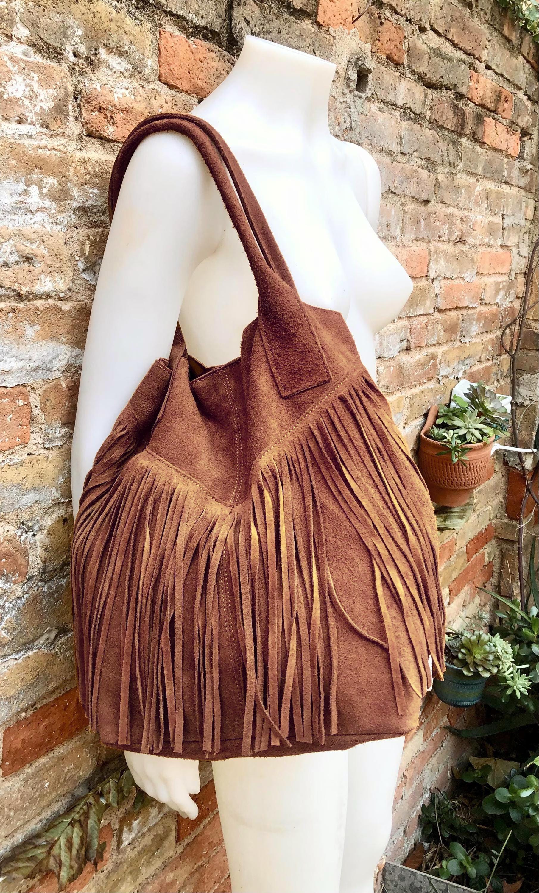 Dark camel brown fringed shopper bag.Genuine suede leather. Saddle brown tote bag for laptops, tablets, books. Brown leather purse + fringes