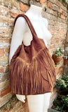 Dark camel brown fringed shopper bag.Genuine suede leather. Saddle brown tote bag for laptops, tablets, books. Brown leather purse + fringes