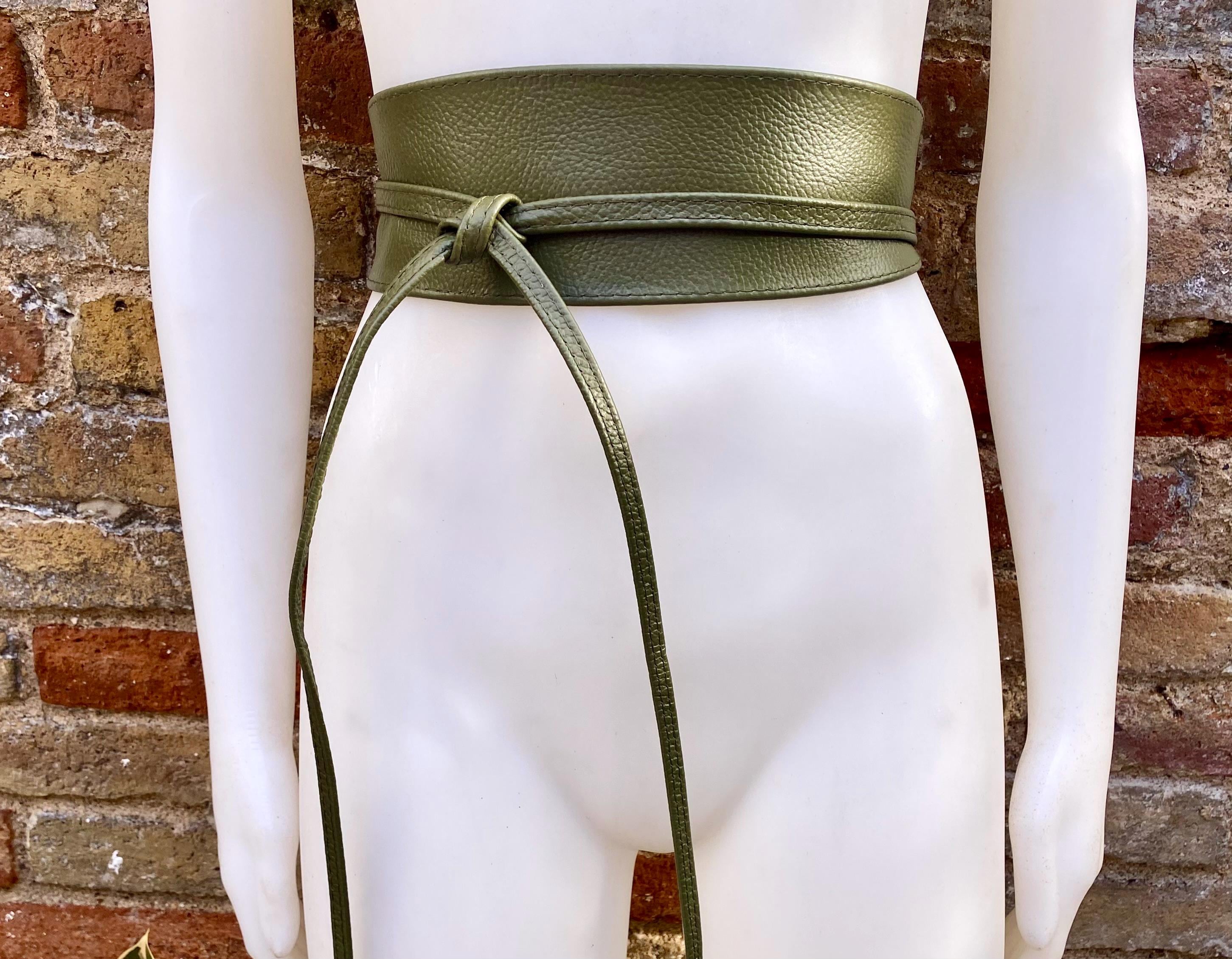 Khaki green leather belt. Green waist belt. Genuine leather wrap belt. Wide green obi belt. Green wraparound dress belt