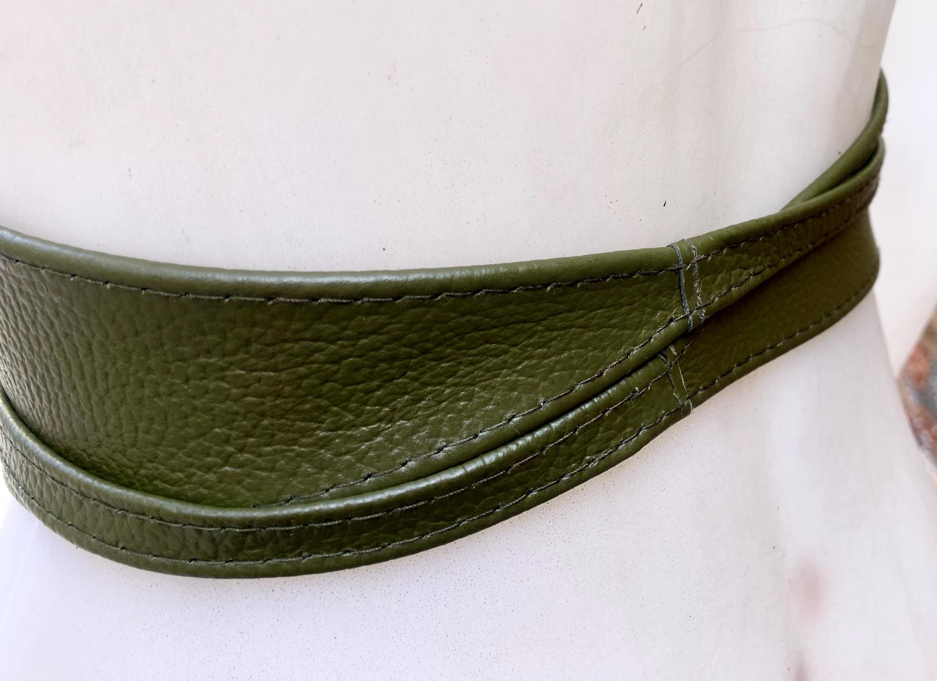Khaki green leather belt. Green waist belt. Genuine leather wrap belt. Wide green obi belt. Green wraparound dress belt