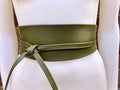 Khaki green leather belt. Green waist belt. Genuine leather wrap belt. Wide green obi belt. Green wraparound dress belt