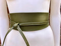 Khaki green leather belt. Green waist belt. Genuine leather wrap belt. Wide green obi belt. Green wraparound dress belt