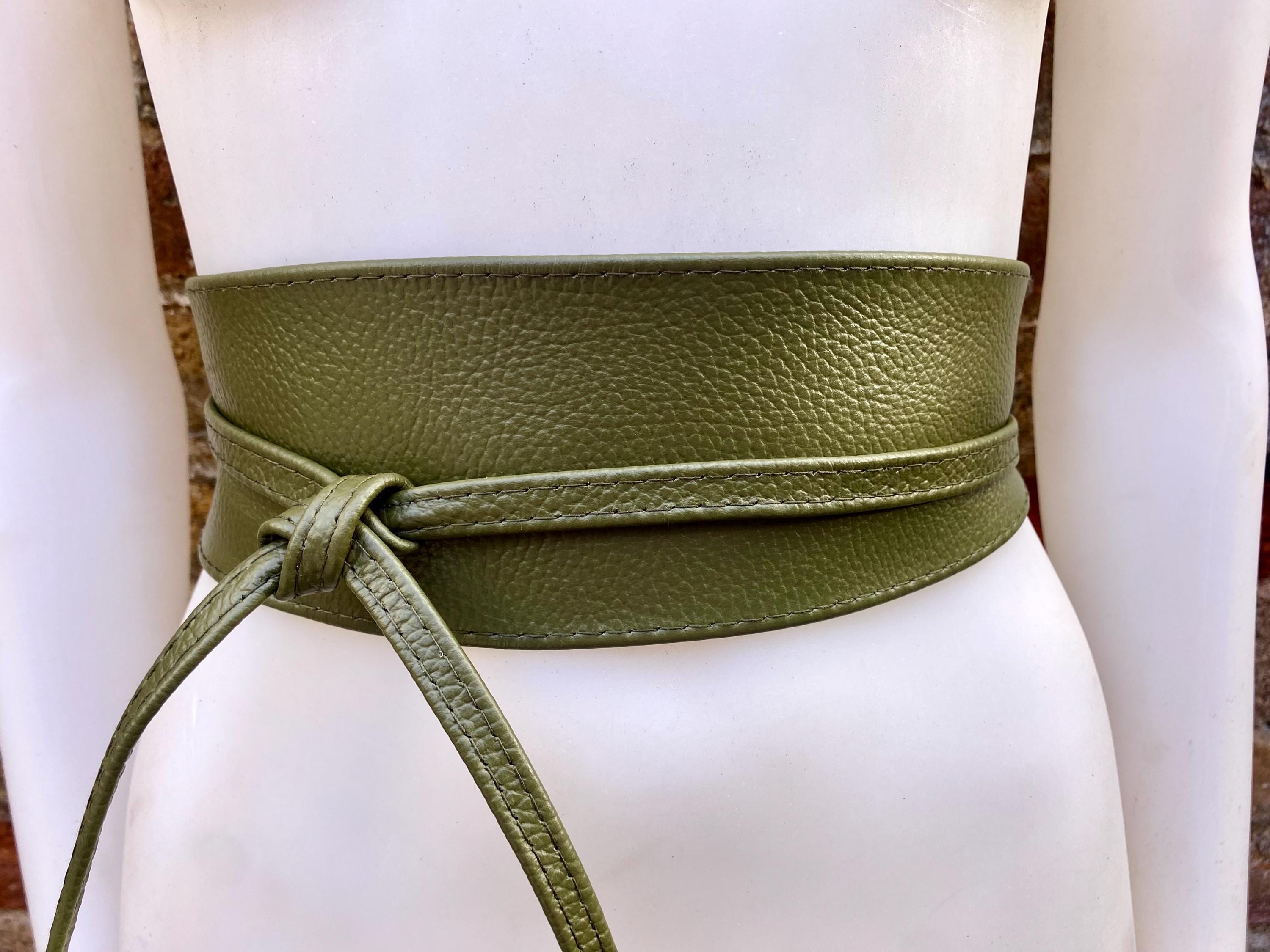 Khaki green leather belt. Green waist belt. Genuine leather wrap belt. Wide green obi belt. Green wraparound dress belt