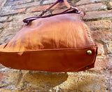 CAMEL brown distressed leather shoulder / crossbody bag. Soft genuine leather shopper. Rusty brown boho hippy bag. Brown purse with 2 straps