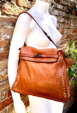 CAMEL brown distressed leather shoulder / crossbody bag. Soft genuine leather shopper. Rusty brown boho hippy bag. Brown purse with 2 straps