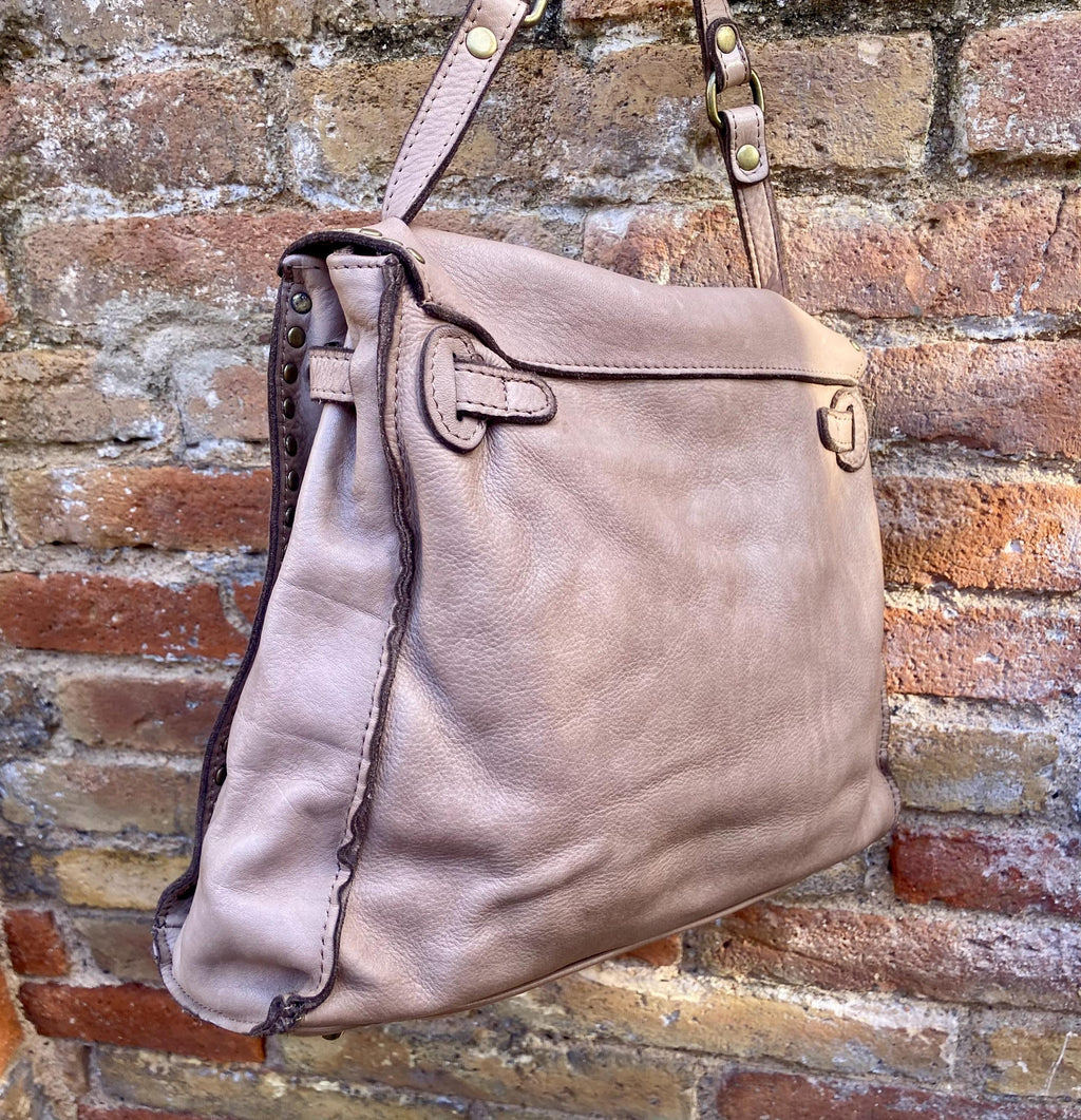 TAUPE brown distressed leather shoulder / crossbody bag. Soft genuine leather shopper. Light greyge brown boho - hippy purse with 2 straps