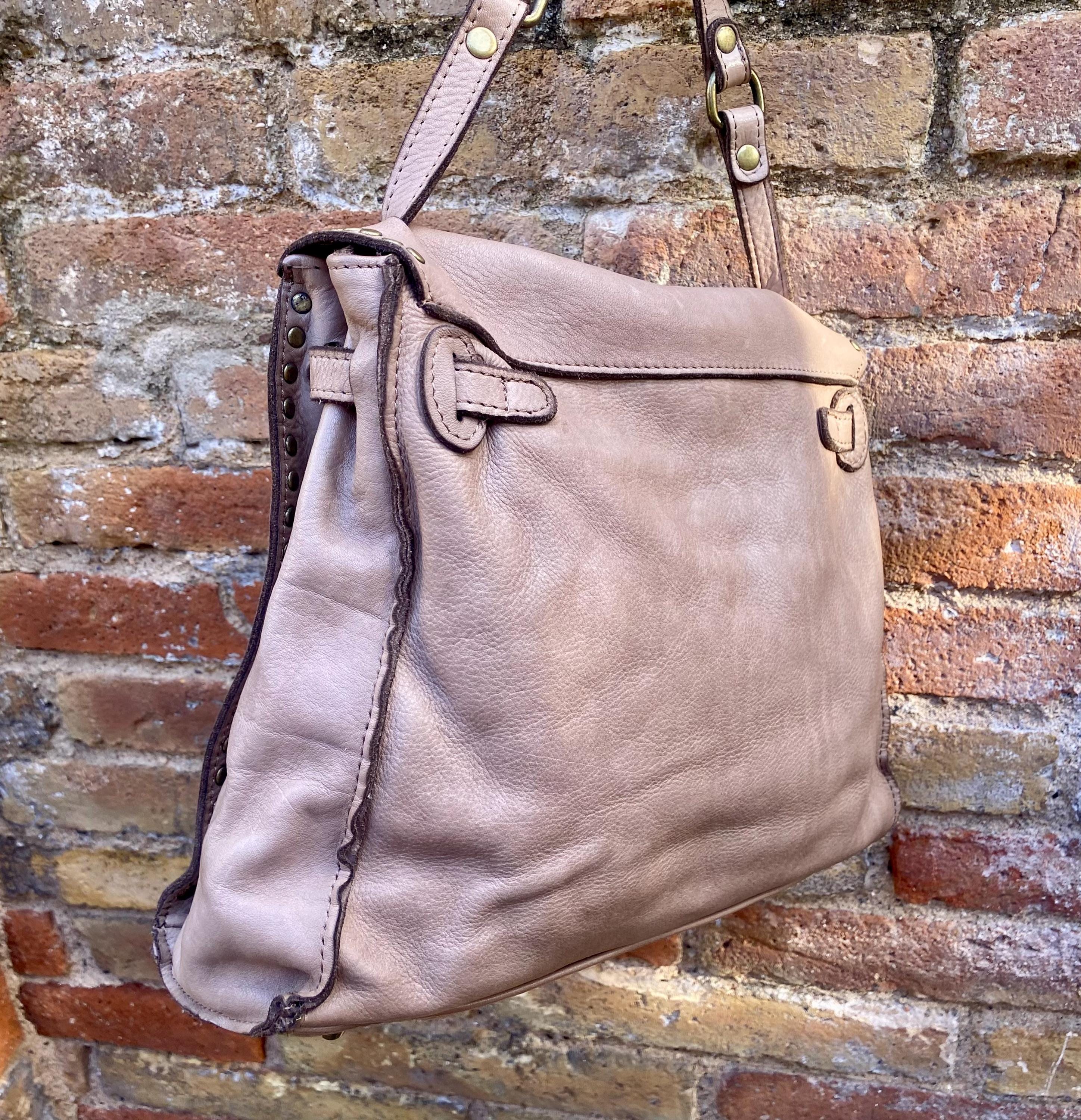 TAUPE brown distressed leather shoulder / crossbody bag. Soft genuine leather shopper. Light greyge brown boho - hippy purse with 2 straps