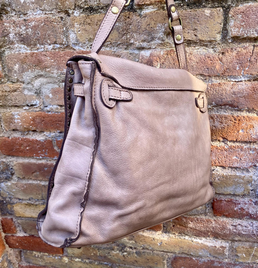 TAUPE brown distressed leather shoulder / crossbody bag. Soft genuine leather shopper. Light greyge brown boho - hippy purse with 2 straps