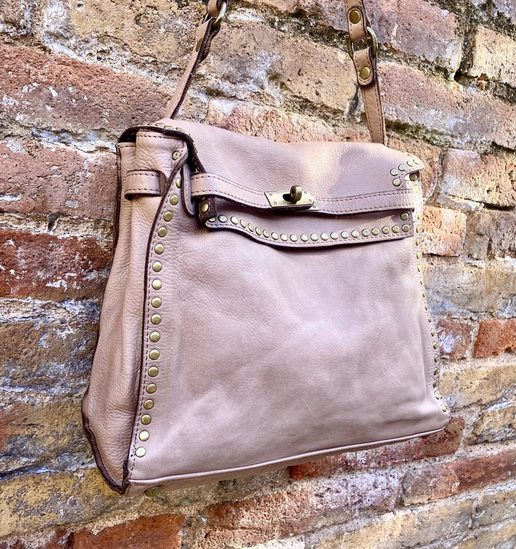 TAUPE brown distressed leather shoulder / crossbody bag. Soft genuine leather shopper. Light greyge brown boho - hippy purse with 2 straps