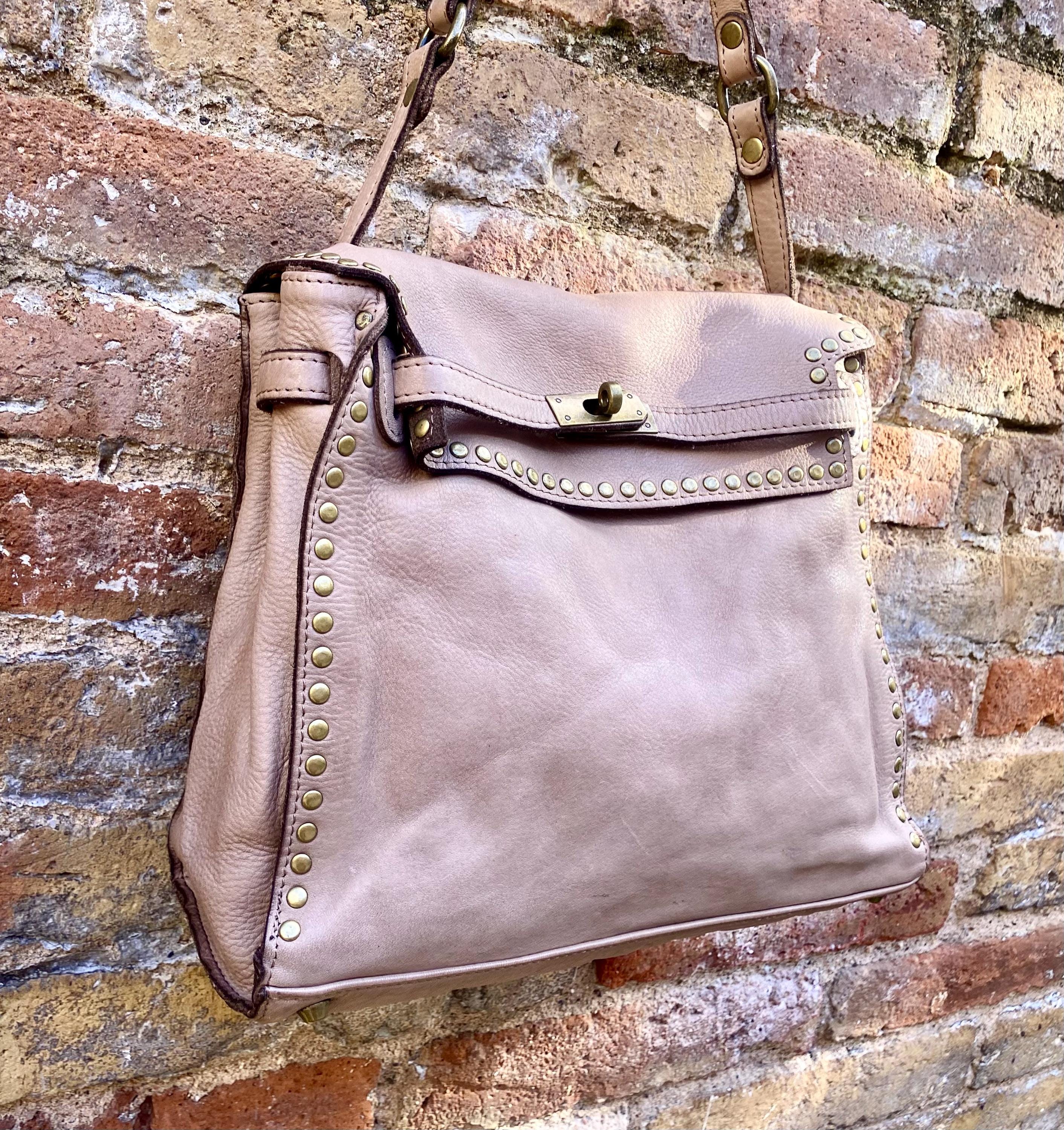 TAUPE brown distressed leather shoulder / crossbody bag. Soft genuine leather shopper. Light greyge brown boho - hippy purse with 2 straps