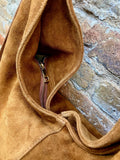 Slouch bag in camel brown with and zipper. Genuine leather bag. Light brown origami lined bag. Caramel suede purse. Wide strap shoulder bag.