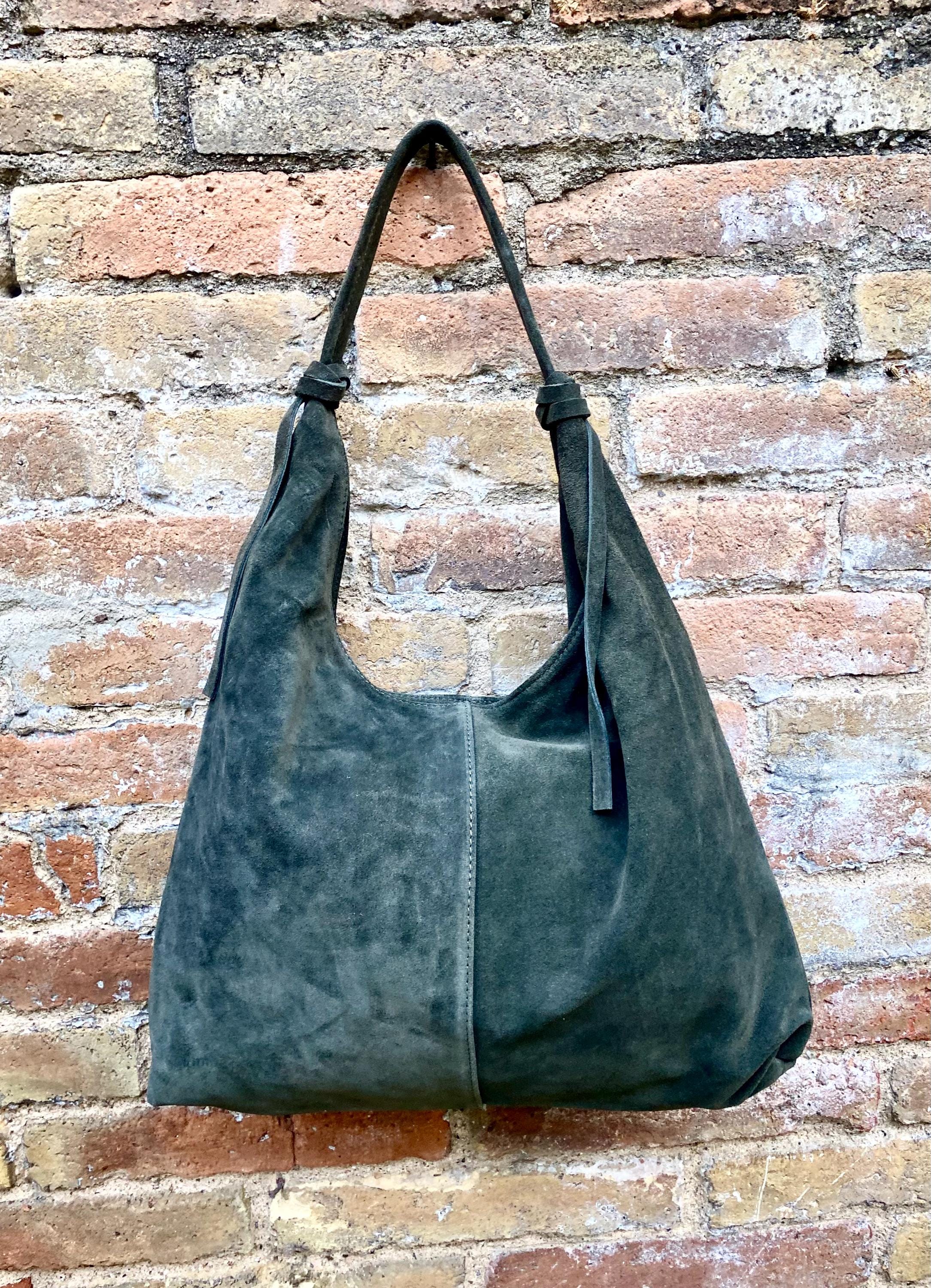 Slouch bag in dark green with and zipper. Genuine leather bag. Green color origami lined bag. Green suede purse. Wide strap shoulder bag.