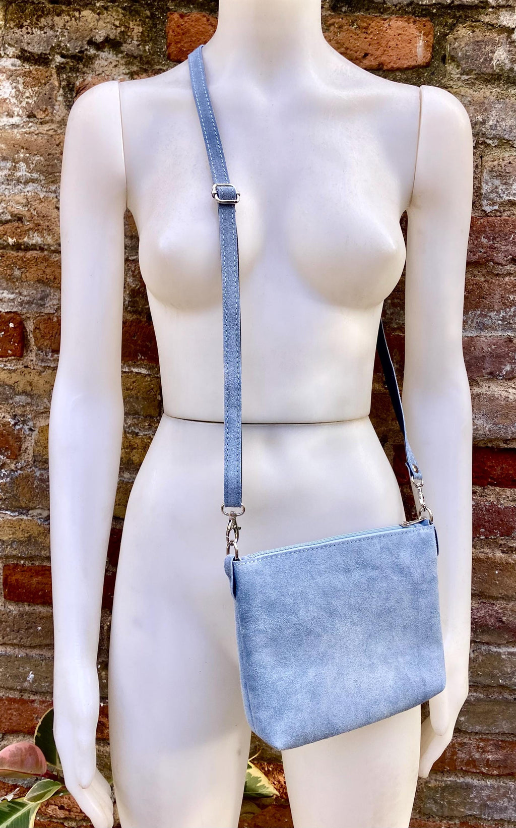 Suede leather bag in blue -gray. Cross body bag, shoulder bag in GENUINE leather. Denim blue smalll leather bag. Adjustable strap. + zipper