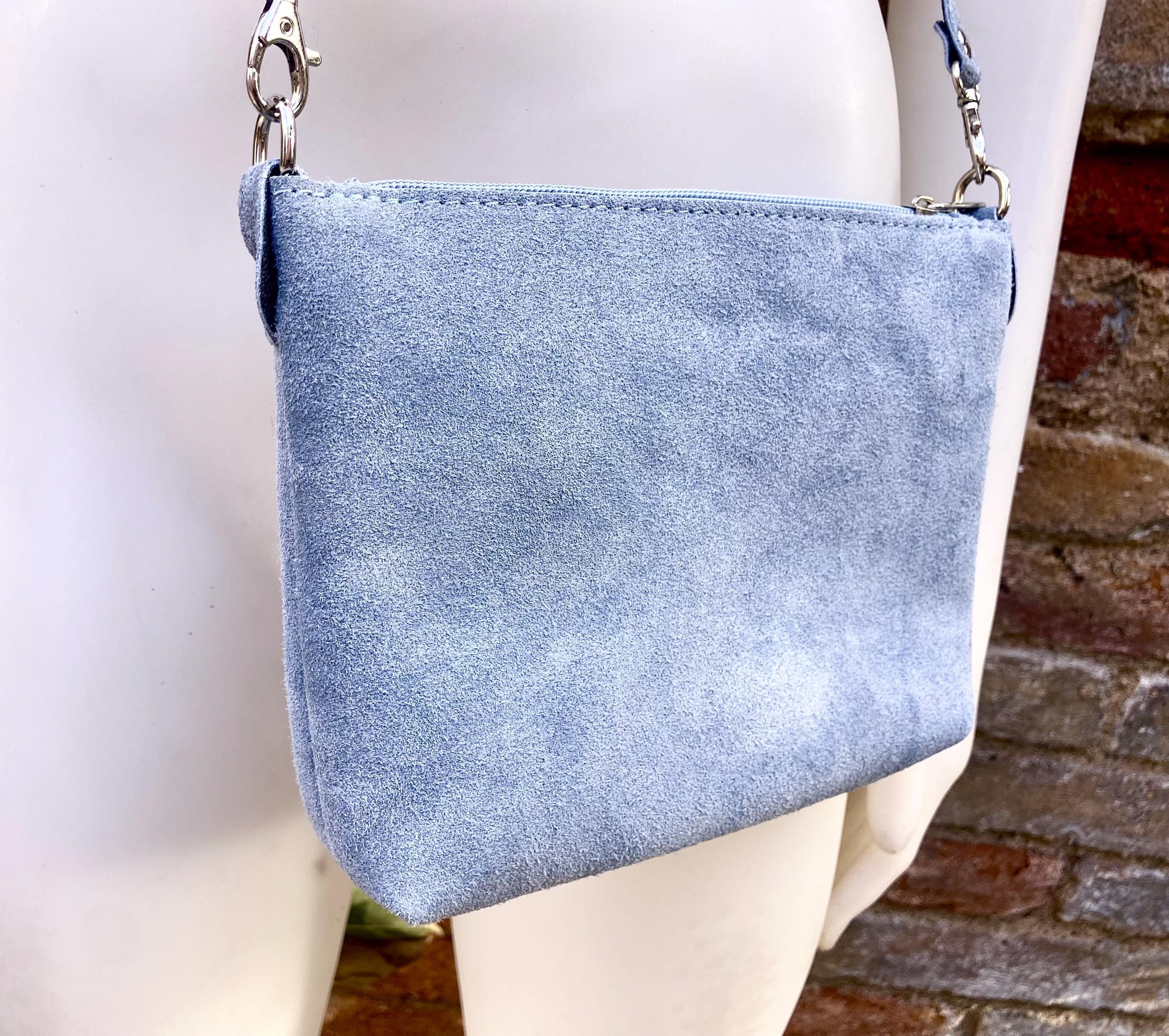 Suede leather bag in blue -gray. Cross body bag, shoulder bag in GENUINE leather. Denim blue smalll leather bag. Adjustable strap. + zipper
