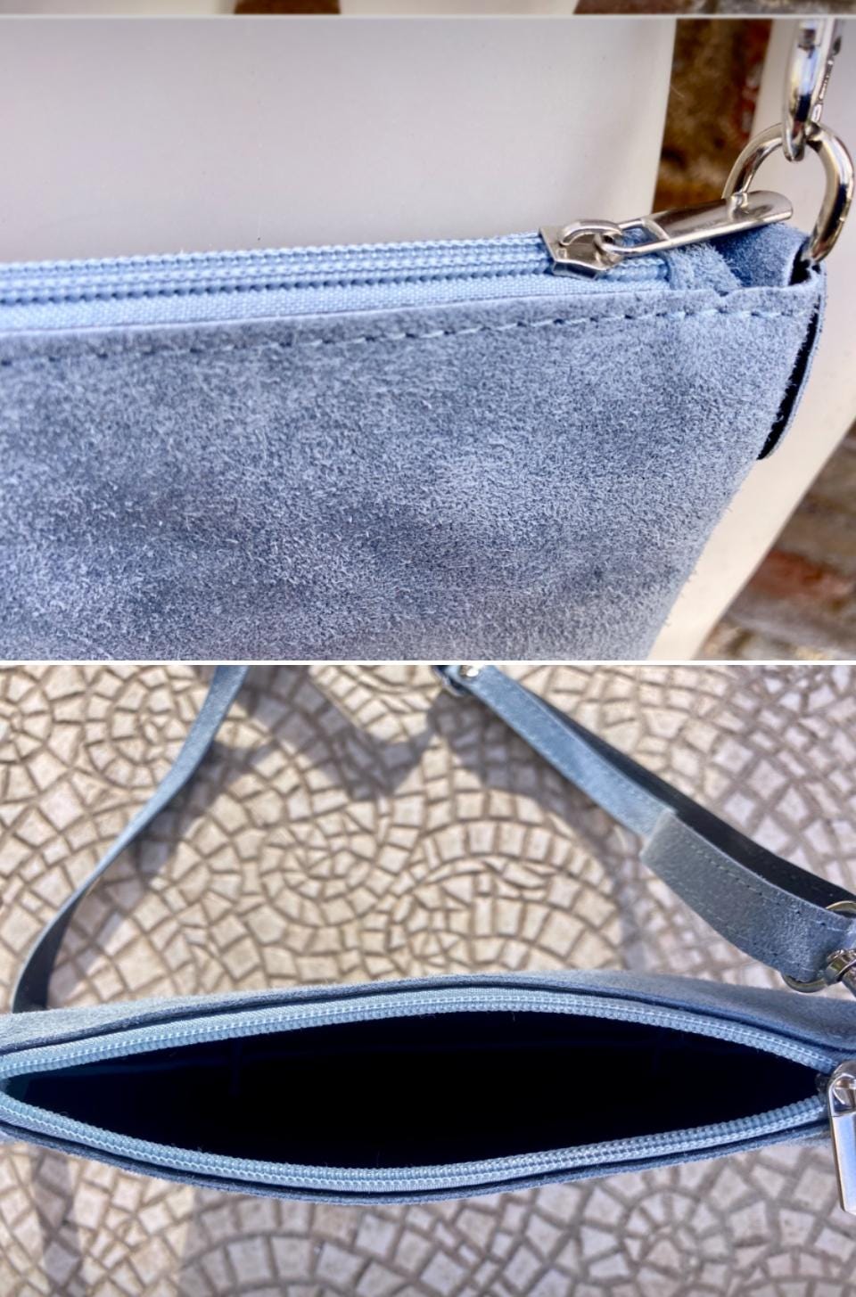 Suede leather bag in blue -gray. Cross body bag, shoulder bag in GENUINE leather. Denim blue smalll leather bag. Adjustable strap. + zipper
