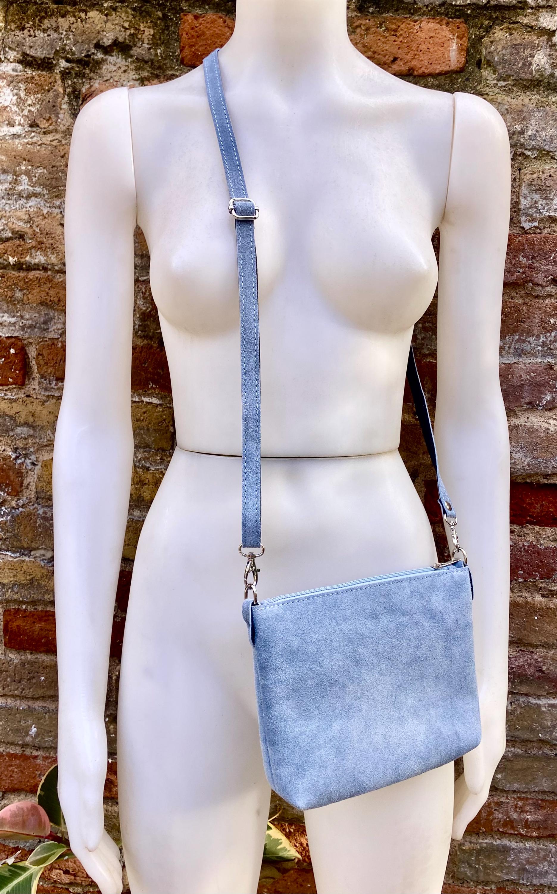 Suede leather bag in blue -gray. Cross body bag, shoulder bag in GENUINE leather. Denim blue smalll leather bag. Adjustable strap. + zipper