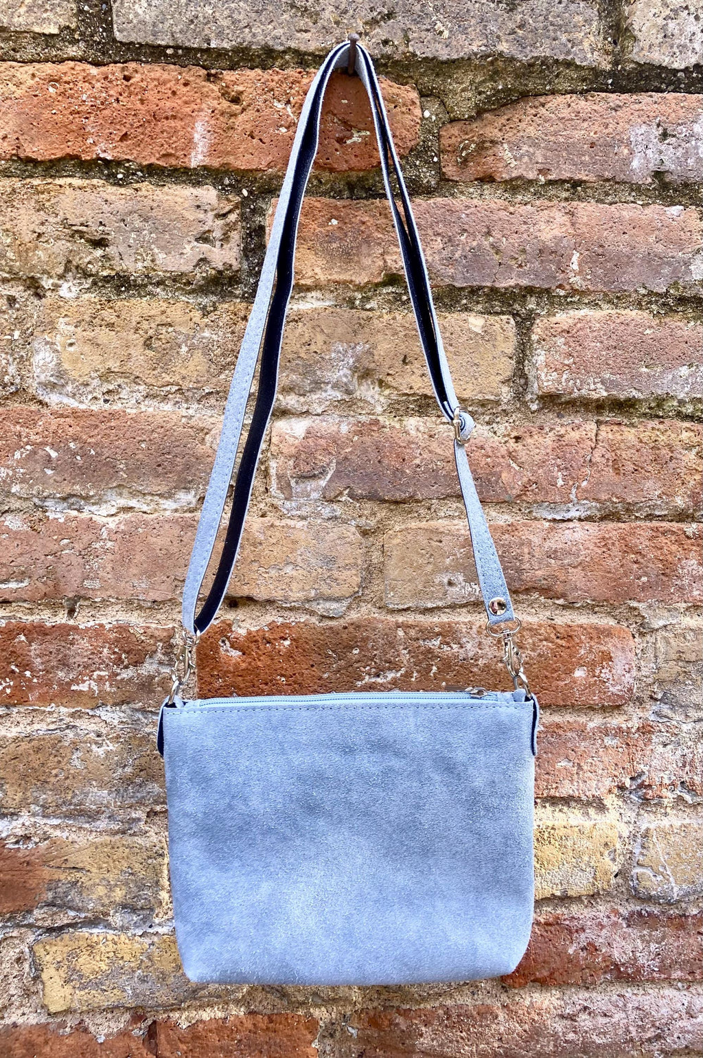 Suede leather bag in blue -gray. Cross body bag, shoulder bag in GENUINE leather. Denim blue smalll leather bag. Adjustable strap. + zipper