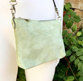 Suede leather bag in light mint -sage green. Sage crossbody / shoulder bag in GENUINE leather. Small l green bag. Adjustable strap + zipper.