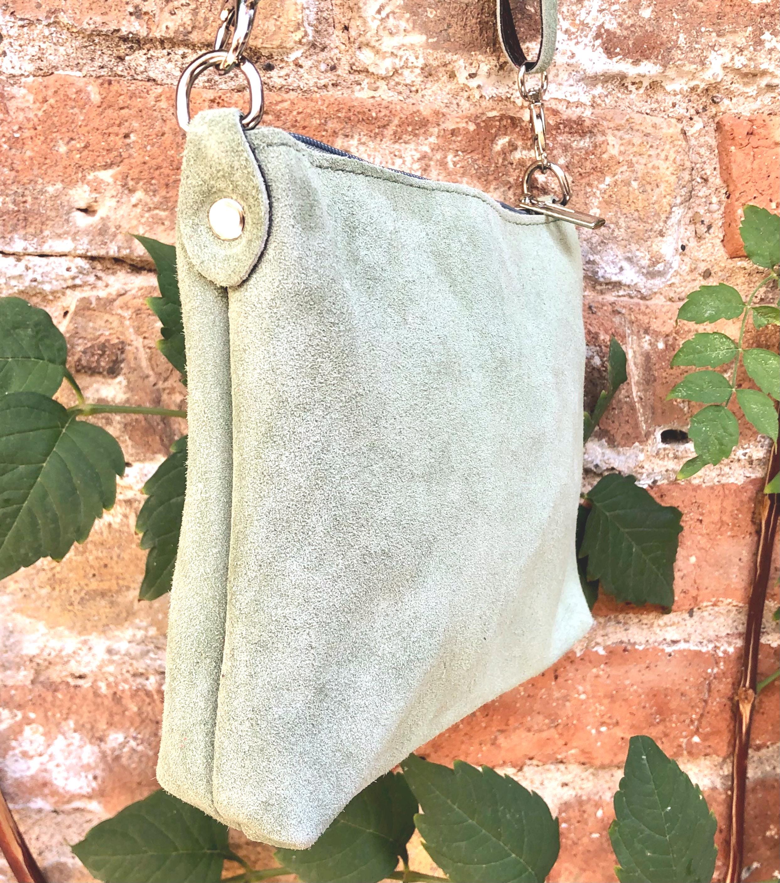 Suede leather bag in light mint -sage green. Sage crossbody / shoulder bag in GENUINE leather. Small l green bag. Adjustable strap + zipper.