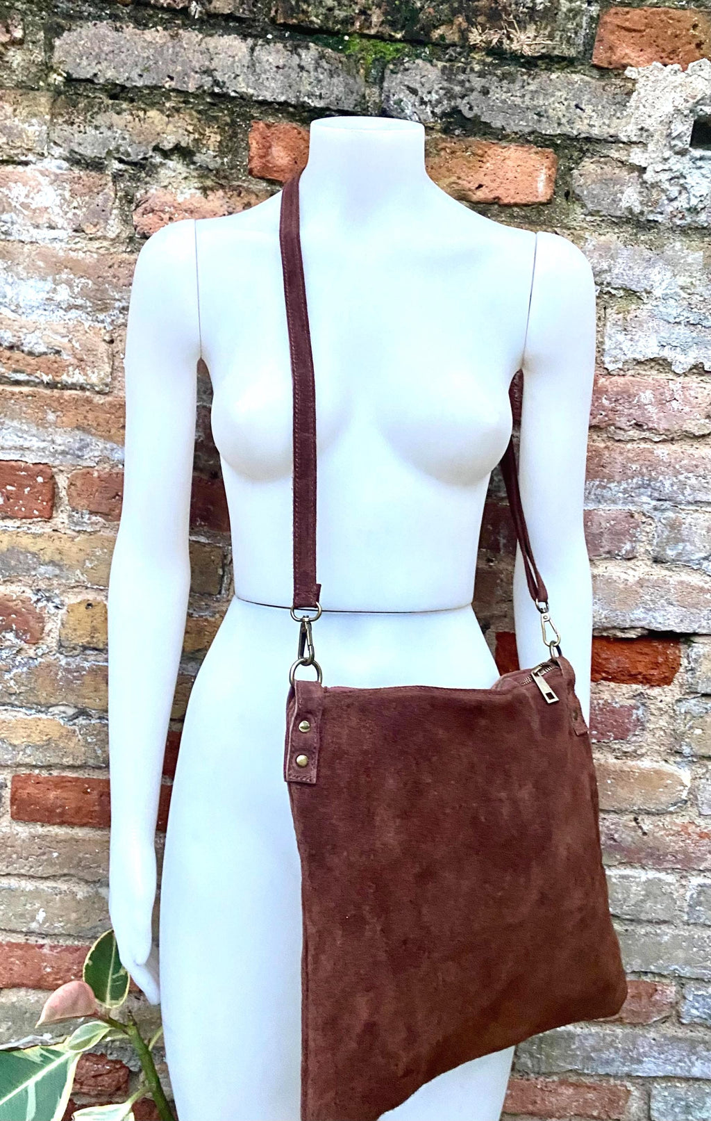 Dark rusty brown suede messenger bag. Soft genuine leather crossbody / shoulder bag for books, tablets. Dark brown suede purse.