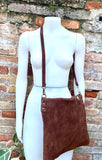 Dark rusty brown suede messenger bag. Soft genuine leather crossbody / shoulder bag for books, tablets. Dark brown suede purse.