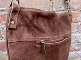 Dark rusty brown suede messenger bag. Soft genuine leather crossbody / shoulder bag for books, tablets. Dark brown suede purse.